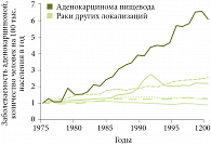 Рис. 6. Темпы роста заболеваемости аденокарциномой пищевода относительно других новообразований в США в период 1975–2000 гг.