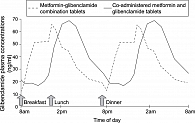 Рисунок 3. Изменение концентрации глибенкламида в плазме в течение суток при приеме Глюкованса и комбинации метформина и глибенкламида