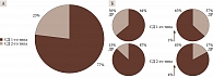 Рис. 1. Диаграмма обращаемости беременных с СД 1-го и 2-го типов (А) и распространенность ДР при обращении и в третьем триместре беременности (Б)