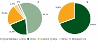 Рис. 1. Структура заболеваемости ЗНО органов мочеполовой системы в 2013 г.  (А – мужчины, Б – женщины)